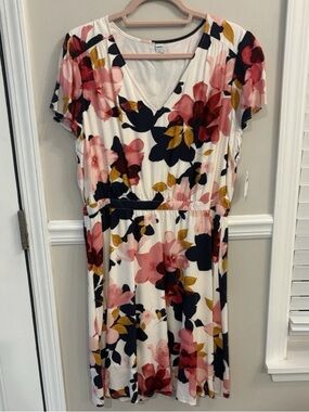 Old Navy White Midi Dress with Pink, Navy & Gold Floral Print